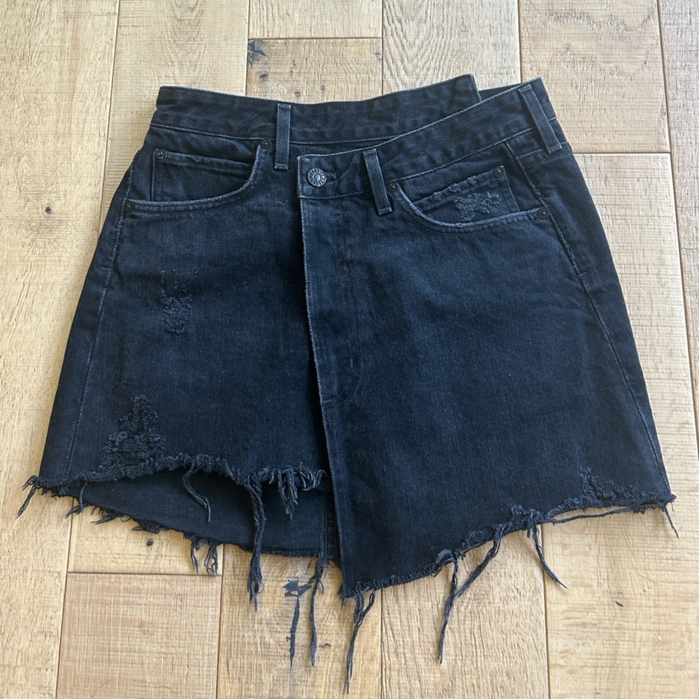 AGOLDE BLACK RAW HEM WRAP DENIM SKIRT